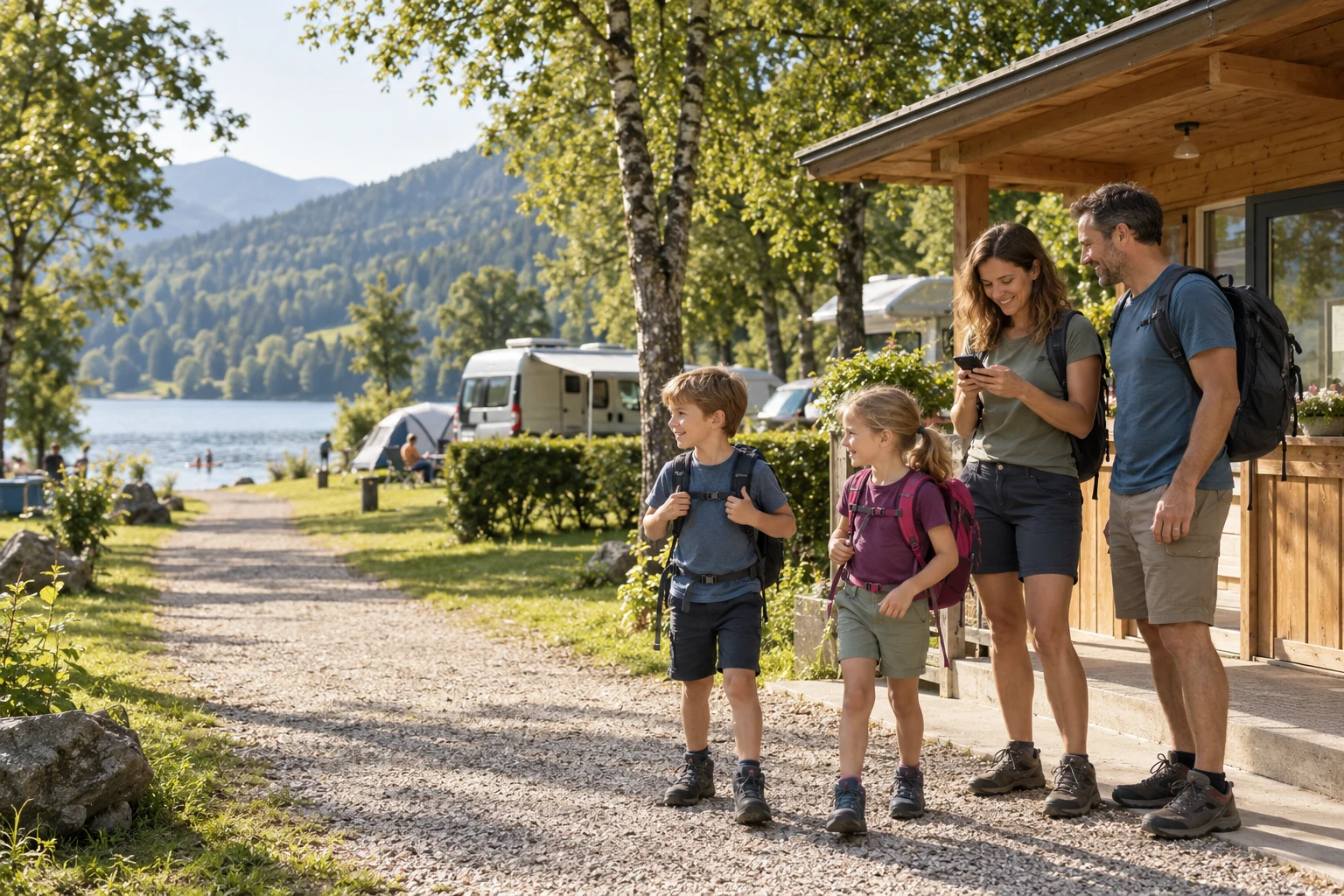 Familie startet eine Tour am Campingplatz