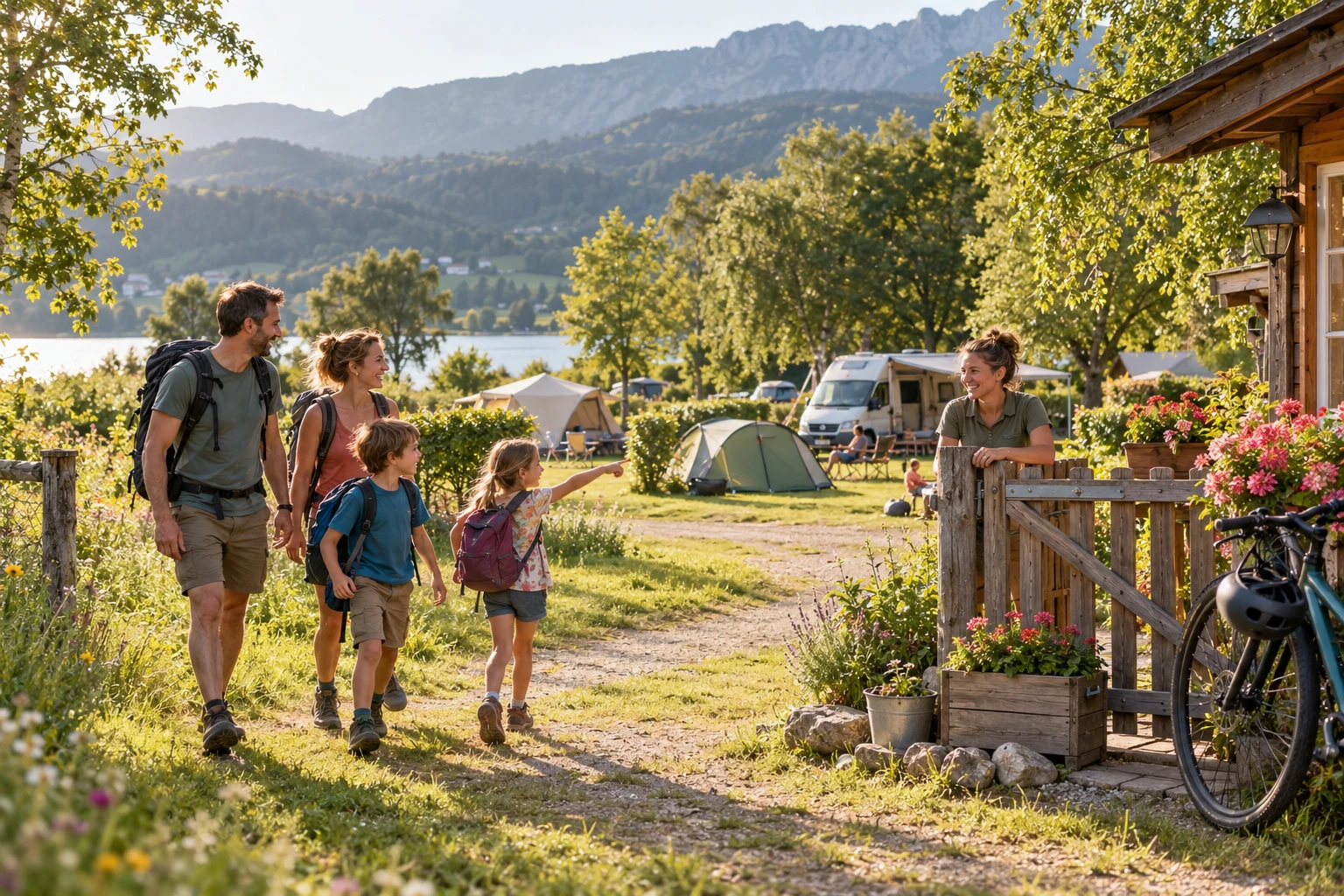 Familie kehrt nach einer Tour zum Campingplatz zurück
