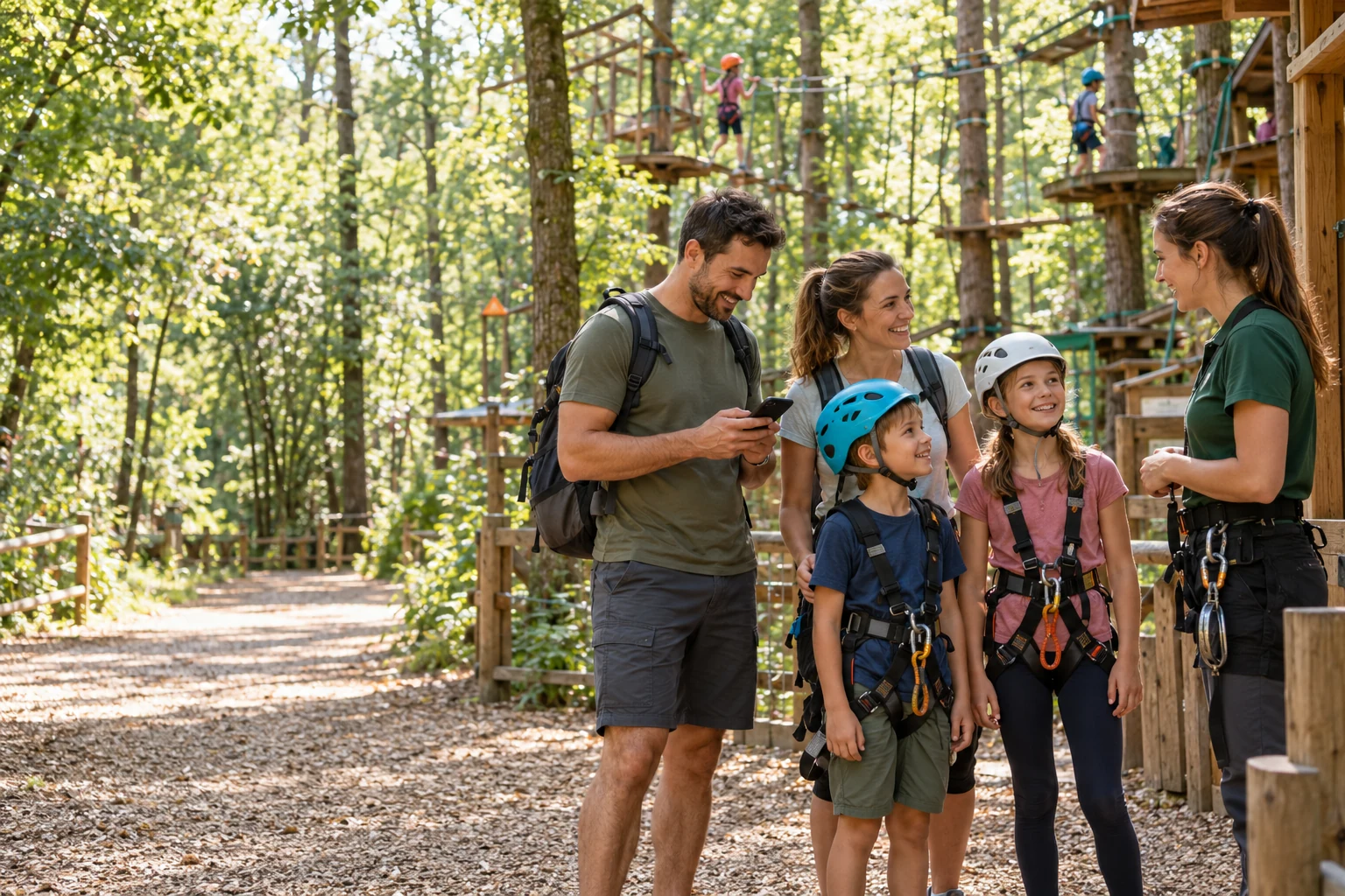 Familia llegando a un parque de aventura