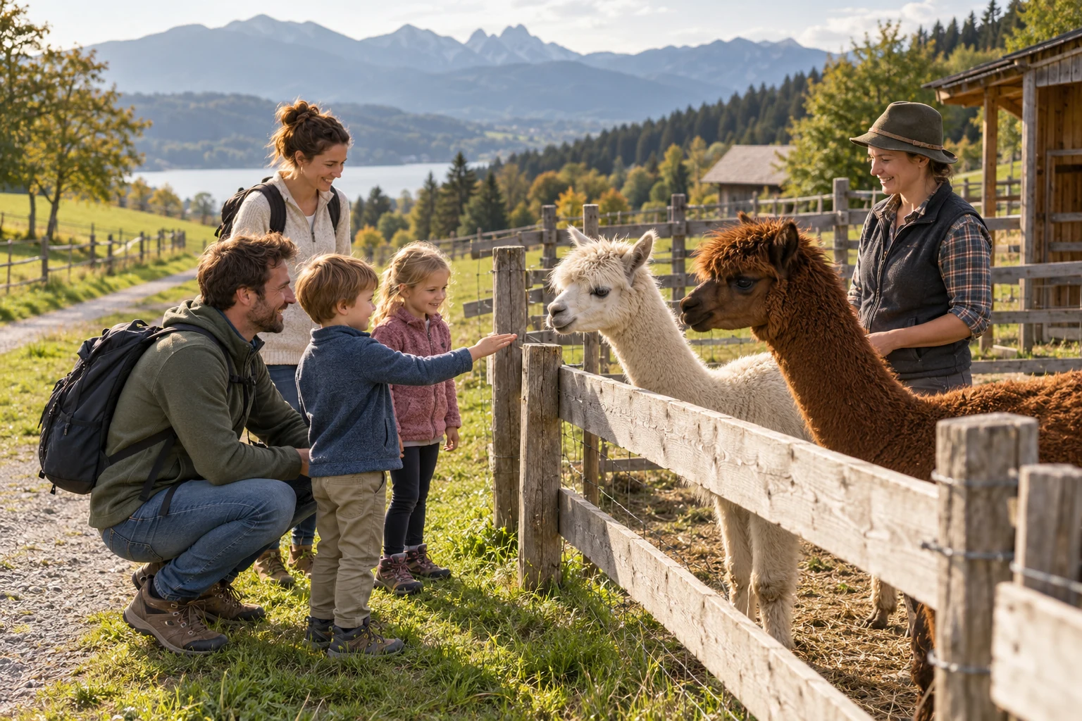 Familia visitando una granja de alpacas