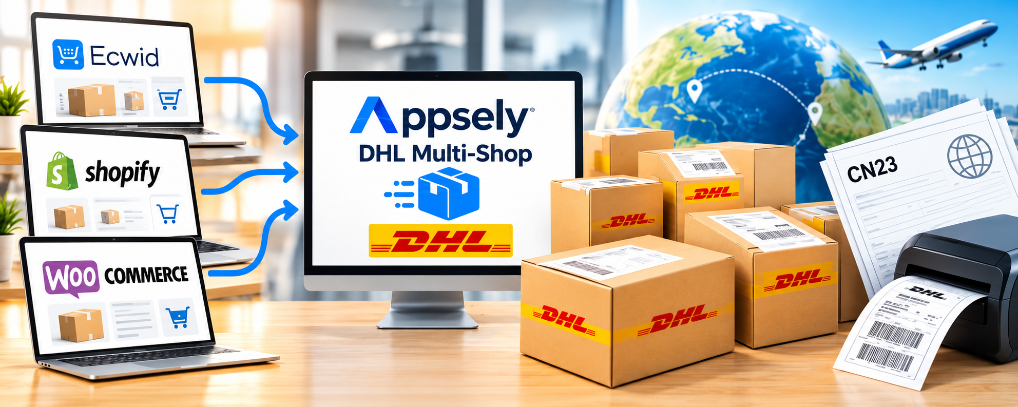 Appsely DHL Multi-Shop verbindet Shopify, Ecwid und WooCommerce mit der Versandverwaltung
